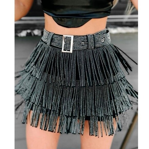Kiwi Black Fringe Stud Belted Skirt Size Small - Picture 1 of 8